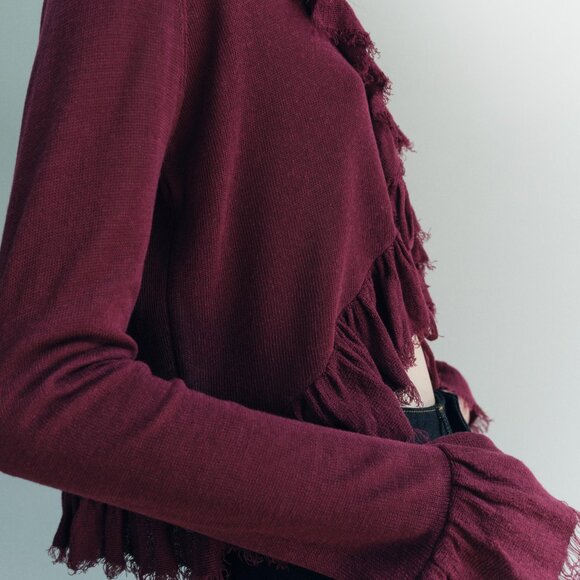 ZARA BURGUNDY KNIT CARDIGAN BLOUSE WITH RUFFLES - Picture 6 of 7